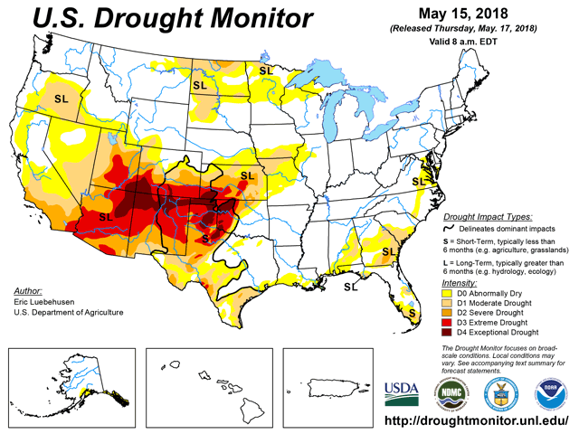 The United States Drought Monitor for the week ending May 17, 2018, shows a large portion of the country anywhere from abnormally dry to in exceptional drought. (Image: USDA)